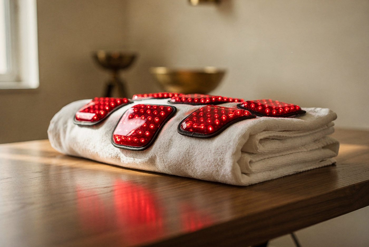 Red-light therapy treatment pads with deep-red LEDs on a folded white towel at Dr. Augello's Bethlehem PA practice.